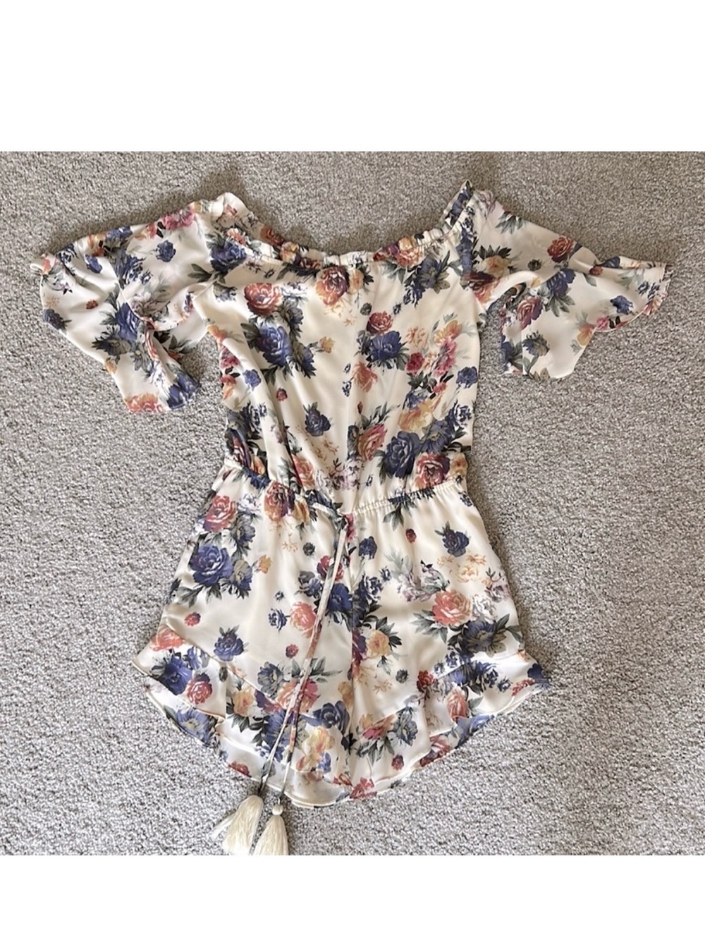 Floral Off-Shoulder Cream Romper with Blue & Pink Blooms
